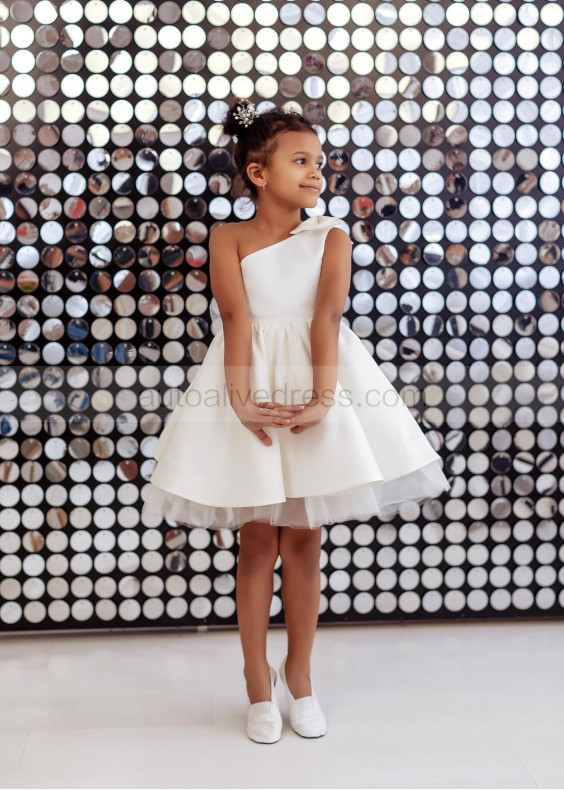 One Shoulder Ivory Satin Peek-A-Boo Tulle Flower Girl Dress